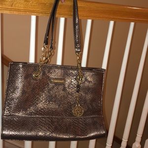 Bronze faux crocodile skin shoulder bag